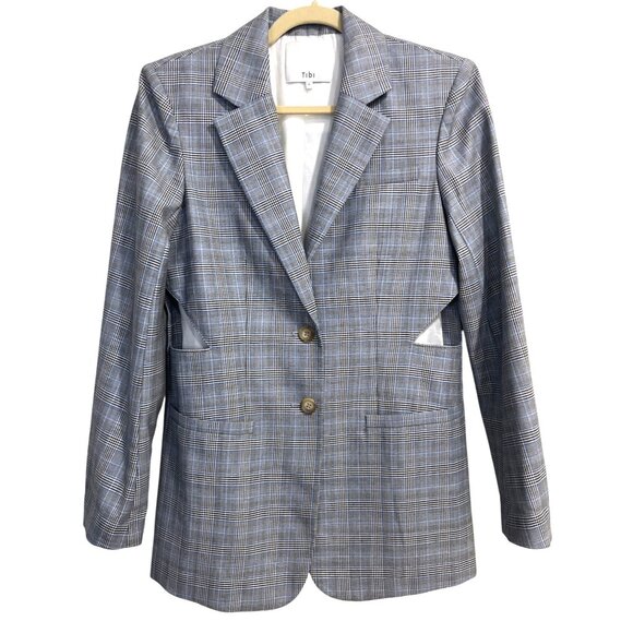 Tibi Blazer Cooper Oversized Cutout Prince Wales Checked Wool Silk Gray Size 6 - Picture 2 of 13